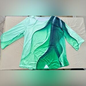 Green Abstract Print 3/4 Sleeve Pullover Blouse with Round Neck, Plus Size 3XL